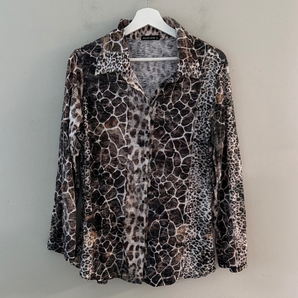 David Cline Womens XL Mixed Animal Print Button Down Shirt Long Sleeve Crinkle
